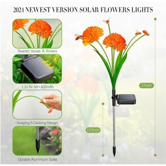 Solar Garden Lights, 4 Pack Solar Swaying Bee Lights with Flowers, Waterproof - Picture 2 of 7
